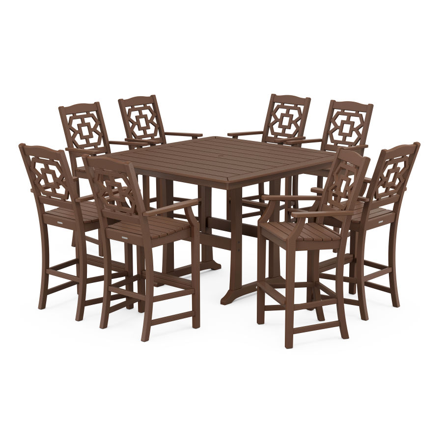 POLYWOOD Chinoiserie 9-Piece Square Bar Set with Trestle Legs in Mahogany