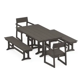 POLYWOOD EDGE 5-Piece Farmhouse Dining Set with Benches in Vintage Finish