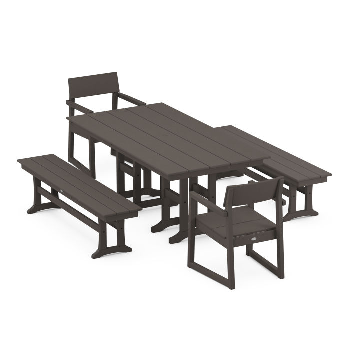 POLYWOOD EDGE 5-Piece Farmhouse Dining Set with Benches in Vintage Finish
