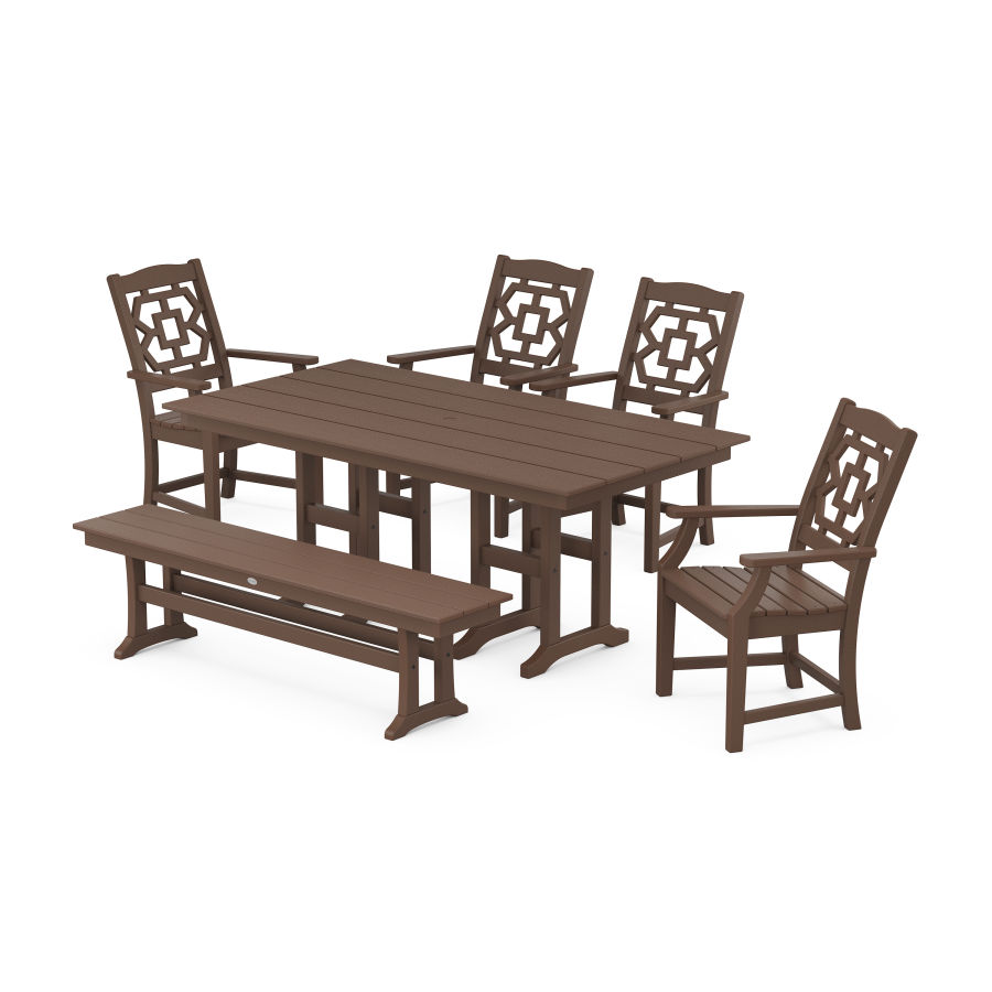 POLYWOOD Chinoiserie 6-Piece Farmhouse Dining Set with Bench in Mahogany