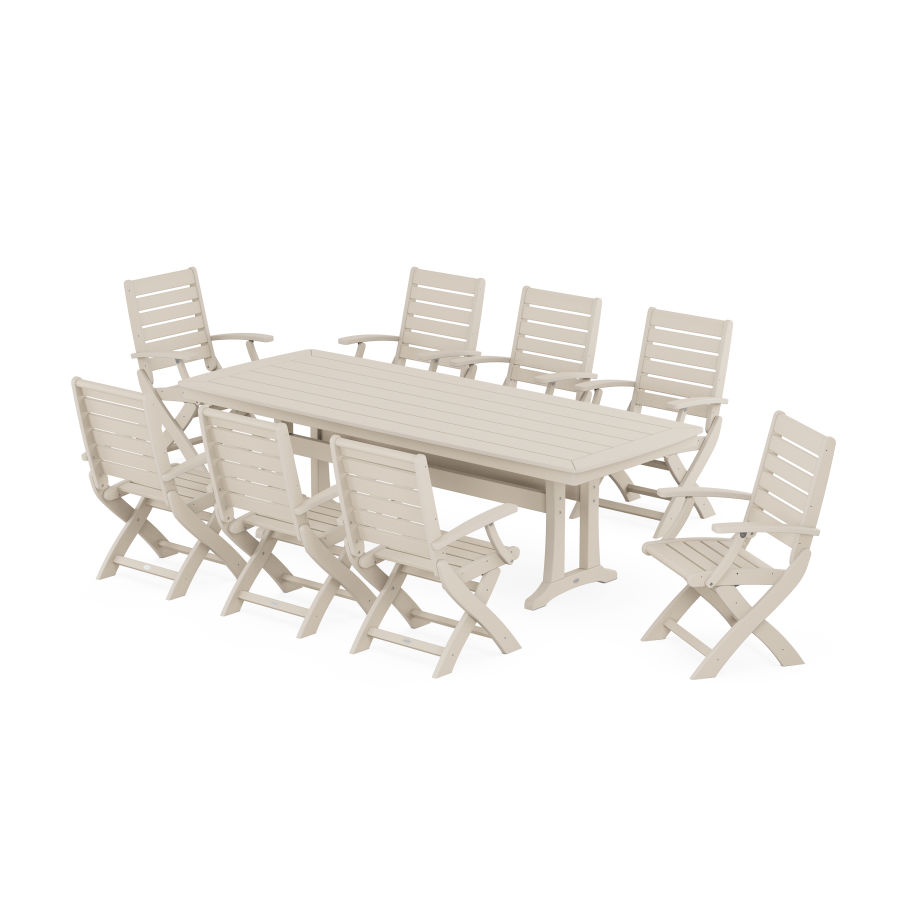 POLYWOOD Signature Folding 9-Piece Dining Set with Trestle Legs in Sand