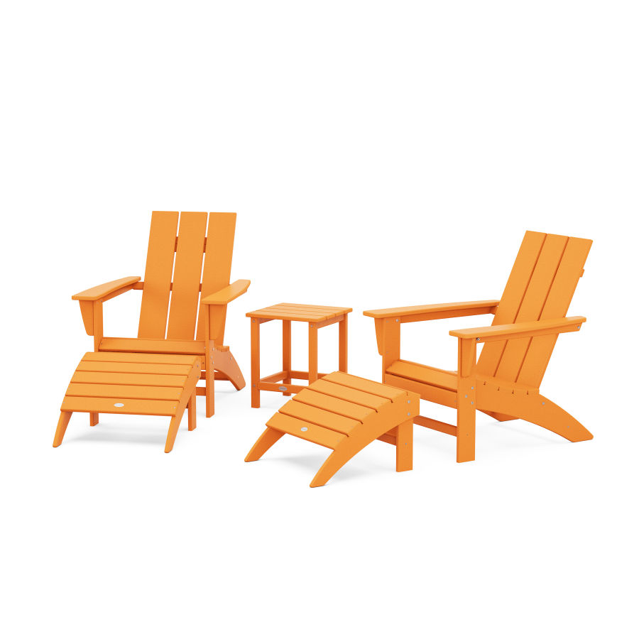 POLYWOOD Modern Adirondack Chair 5-Piece Set with Ottomans and 18" Side Table in Tangerine