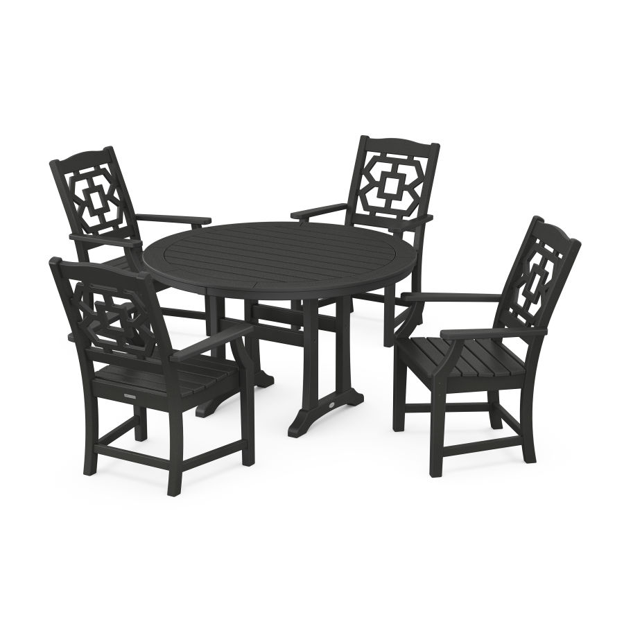 POLYWOOD Chinoiserie 5-Piece Round Dining Set with Trestle Legs in Black