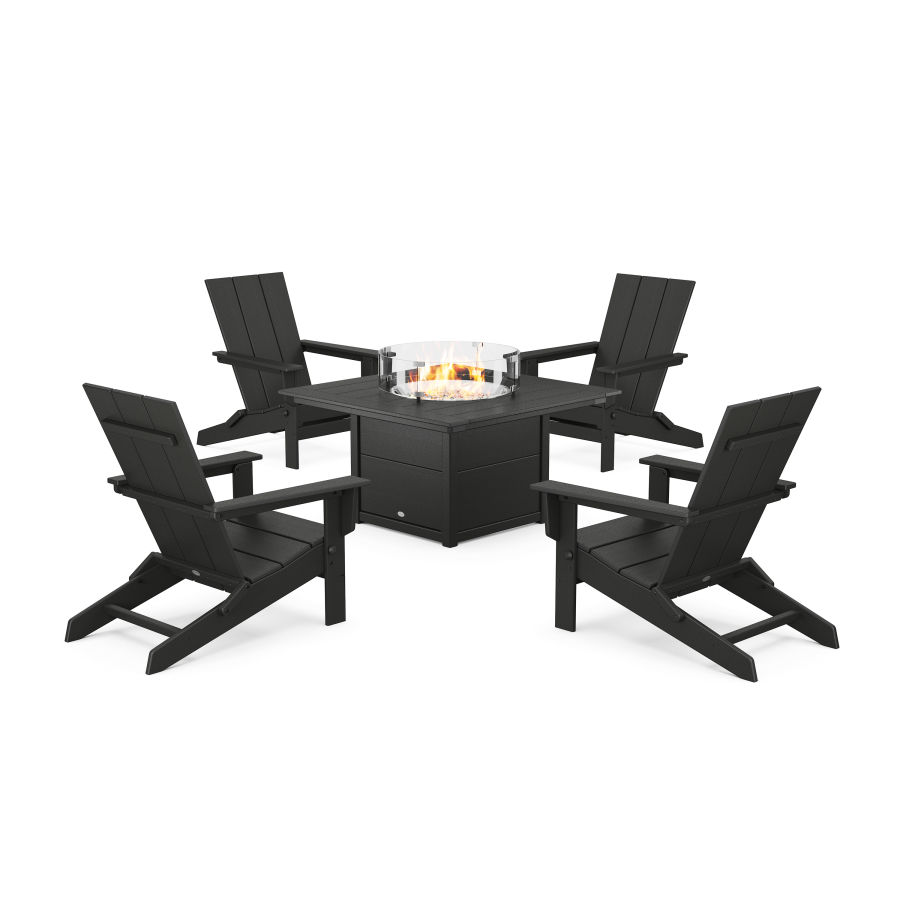 POLYWOOD 5-Piece Modern Studio Folding Adirondack Conversation Set with Fire Pit Table in Black
