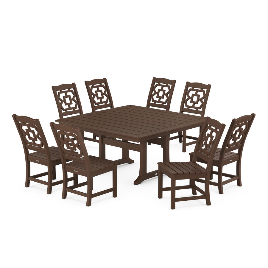 POLYWOOD Chinoiserie 9-Piece Square Side Chair Dining Set with Trestle Legs in Mahogany