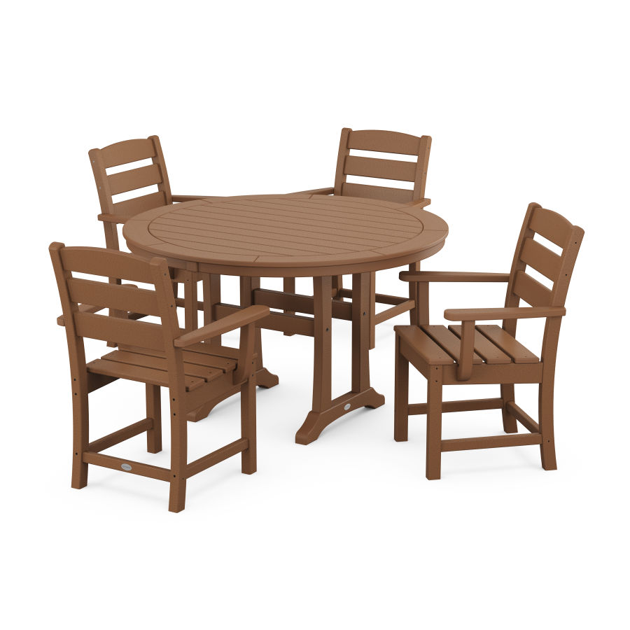 POLYWOOD Lakeside 5-Piece Round Dining Set with Trestle Legs in Teak