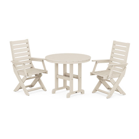 POLYWOOD Captain Folding Chair 3-Piece Round Dining Set in Sand