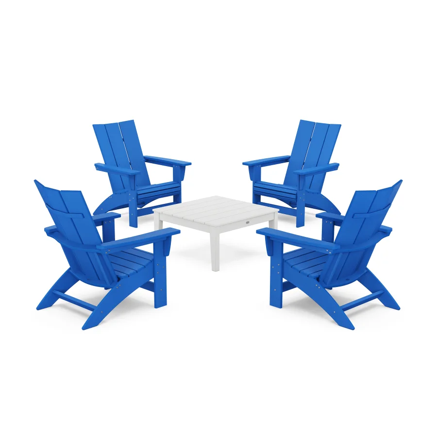 POLYWOOD 5-Piece Modern Grand Adirondack Chair Conversation Group in Pacific Blue / White