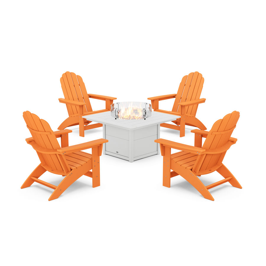 POLYWOOD 5-Piece Vineyard Grand Adirondack Conversation Set with Fire Pit Table in Tangerine / White