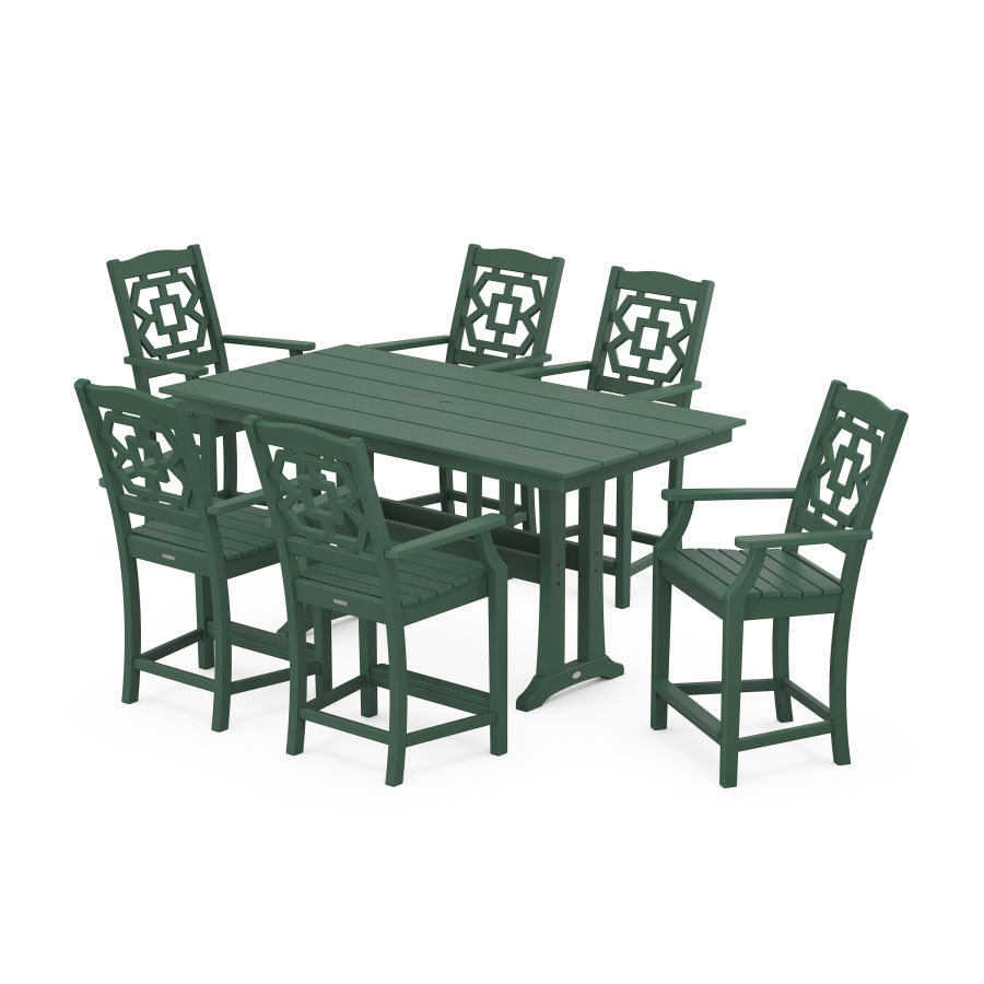 POLYWOOD Chinoiserie Arm Chair 7-Piece Farmhouse Counter Set with Trestle Legs in Green