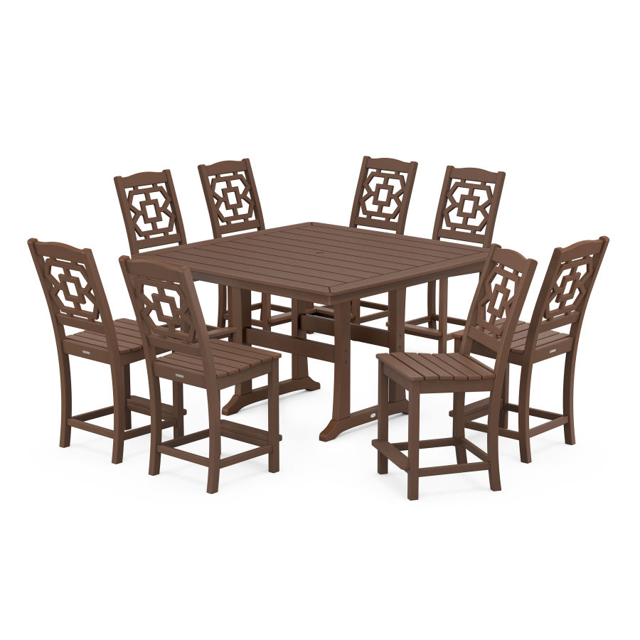 POLYWOOD Chinoiserie 9-Piece Square Side Chair Counter Set with Trestle Legs in Mahogany