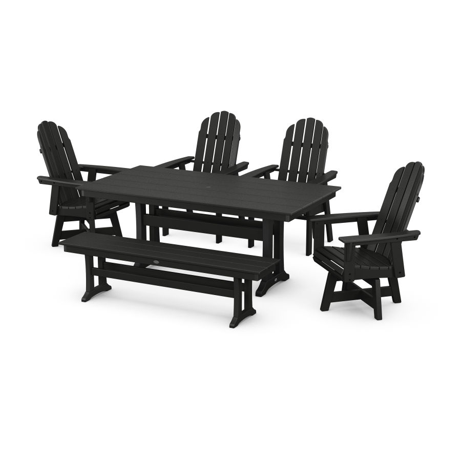POLYWOOD Vineyard 6-Piece Farmhouse Trestle Swivel Dining Set with Bench in Black