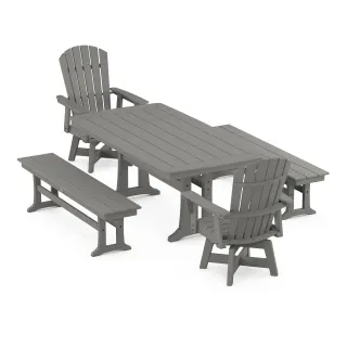 POLYWOOD Nautical Curveback Adirondack Swivel Chair 5-Piece Dining Set with Trestle Legs and Benches