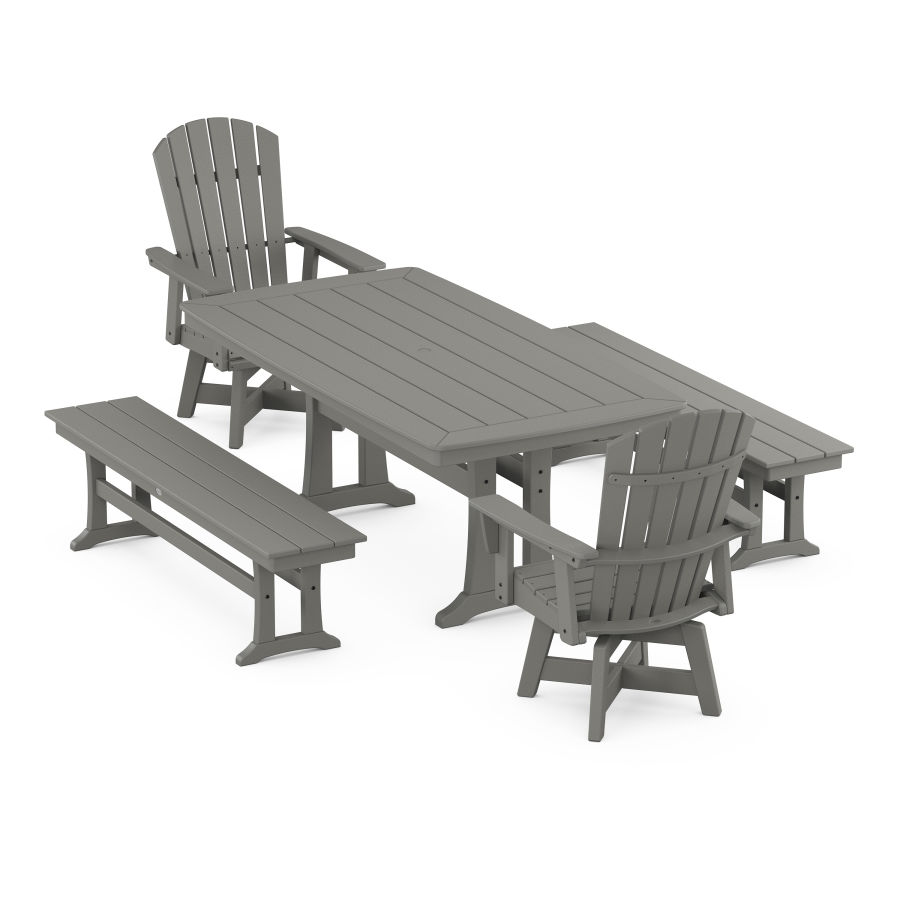 POLYWOOD Nautical Curveback Adirondack Swivel Chair 5-Piece Dining Set with Trestle Legs and Benches
