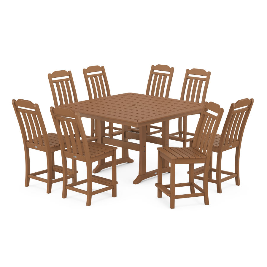 POLYWOOD Country Living 9-Piece Square Side Chair Counter Set with Trestle Legs in Teak