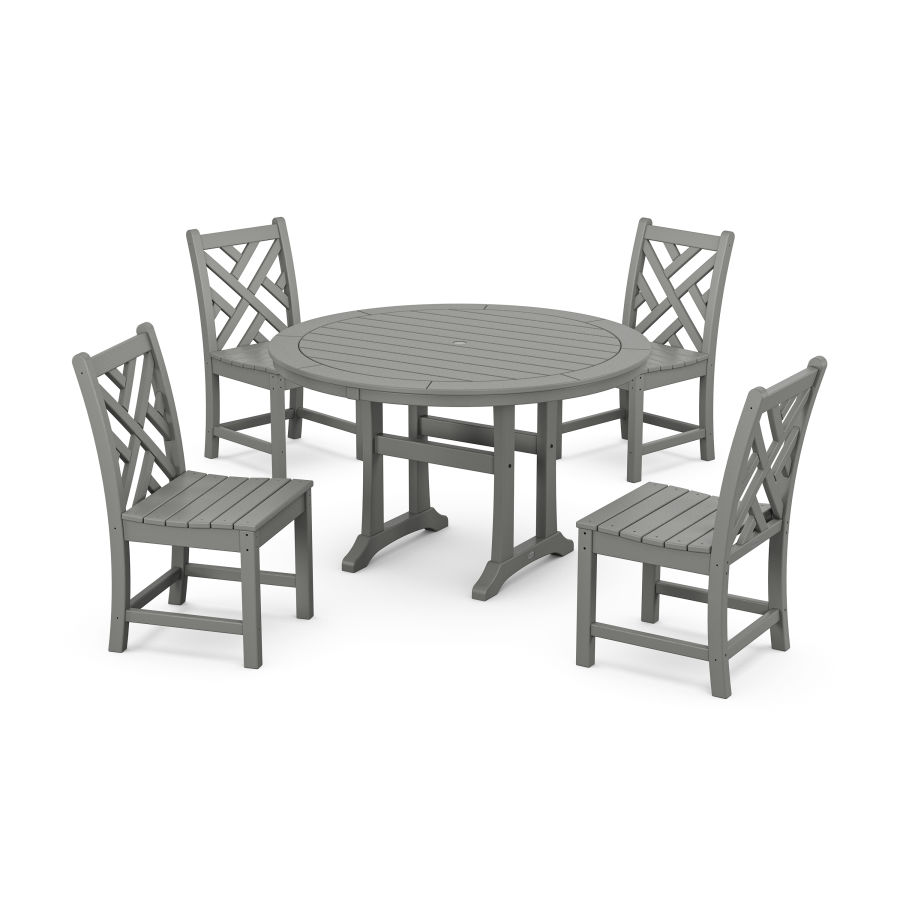POLYWOOD Chippendale Side Chair 5-Piece Round Dining Set With Trestle Legs in Slate Grey