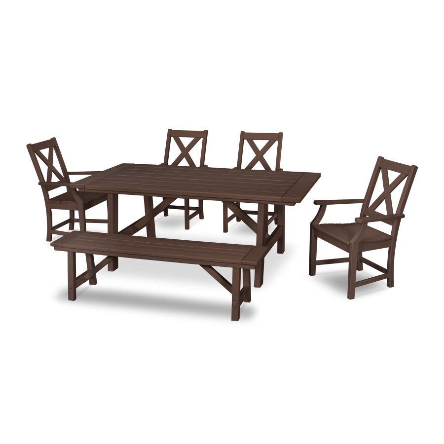 POLYWOOD Braxton 6-Piece Rustic Farmhouse Arm Chair Dining Set with Bench in Mahogany