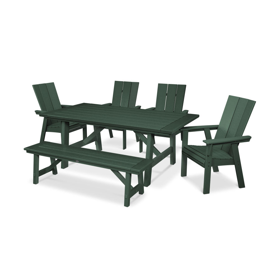 POLYWOOD Modern Adirondack 6-Piece Rustic Farmhouse Dining Set with Bench in Green