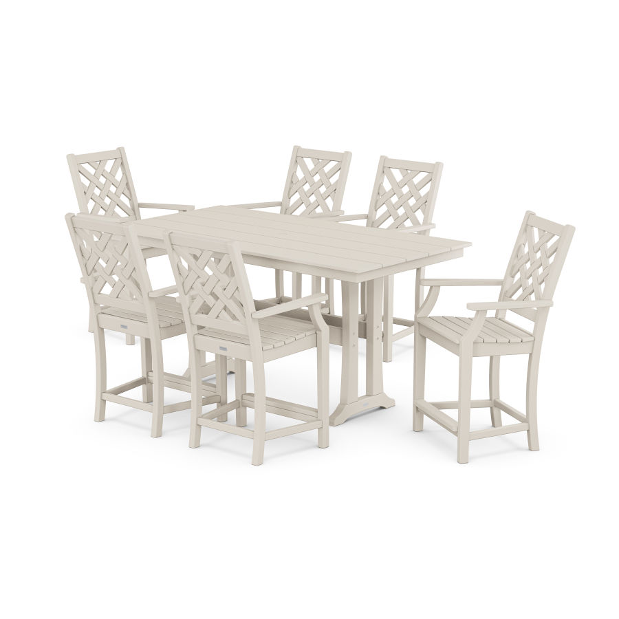 POLYWOOD Wovendale Arm Chair 7-Piece Farmhouse Counter Set with Trestle Legs in Sand