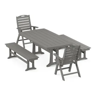 POLYWOOD Nautical Folding Highback Chair 5-Piece Dining Set with Trestle Legs and Benches