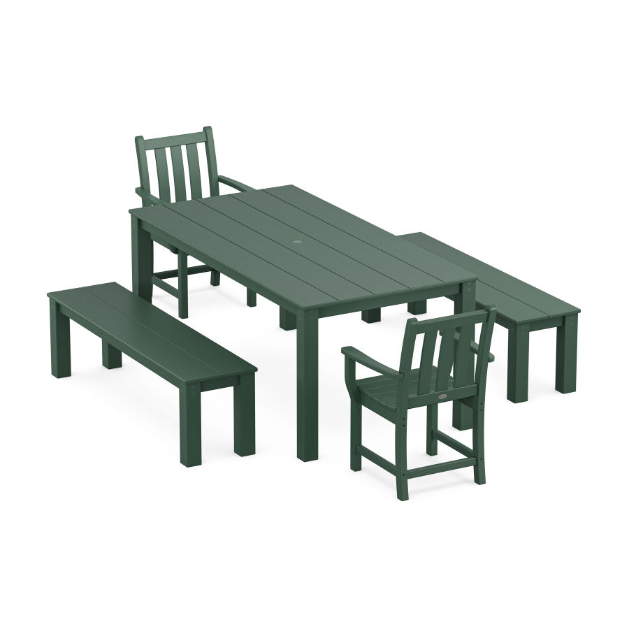 POLYWOOD Traditional Garden 5-Piece Parsons Dining Set with Benches in Green
