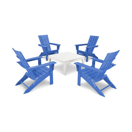 POLYWOOD Quattro Folding Chair 5-Piece Conversation Set in Pacific Blue / White