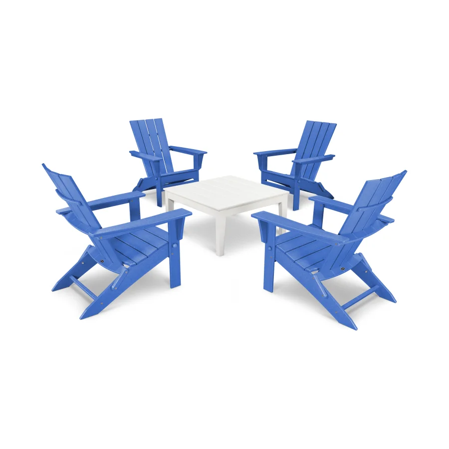 POLYWOOD Quattro Folding Chair 5-Piece Conversation Set in Pacific Blue / White