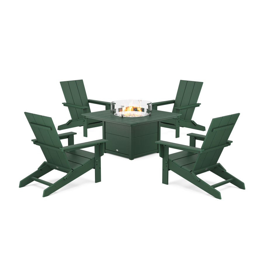 POLYWOOD 5-Piece Modern Studio Folding Adirondack Conversation Set with Fire Pit Table in Green