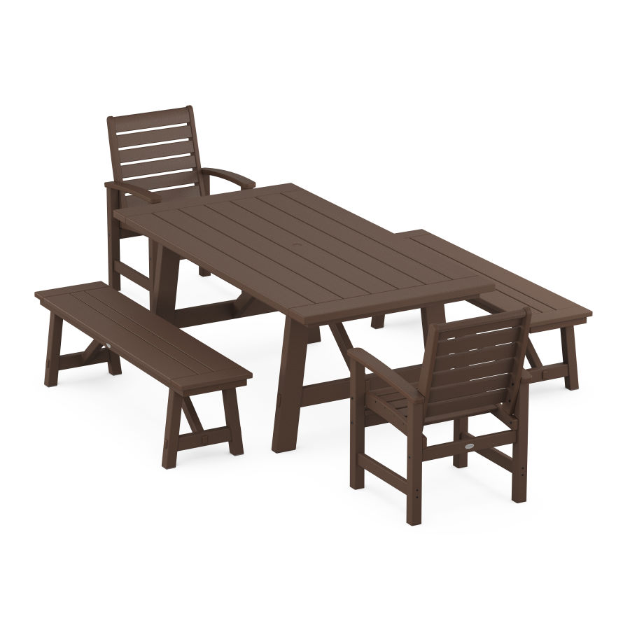 POLYWOOD Signature 5-Piece Rustic Farmhouse Dining Set With Trestle Legs in Mahogany