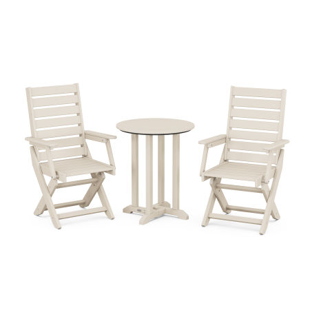 POLYWOOD Captain Folding Chair 3-Piece Round Dining Set in Sand