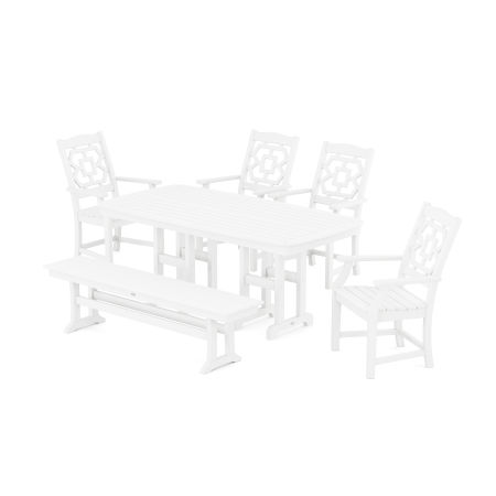 Chinoiserie 6-Piece Dining Set with Bench in White