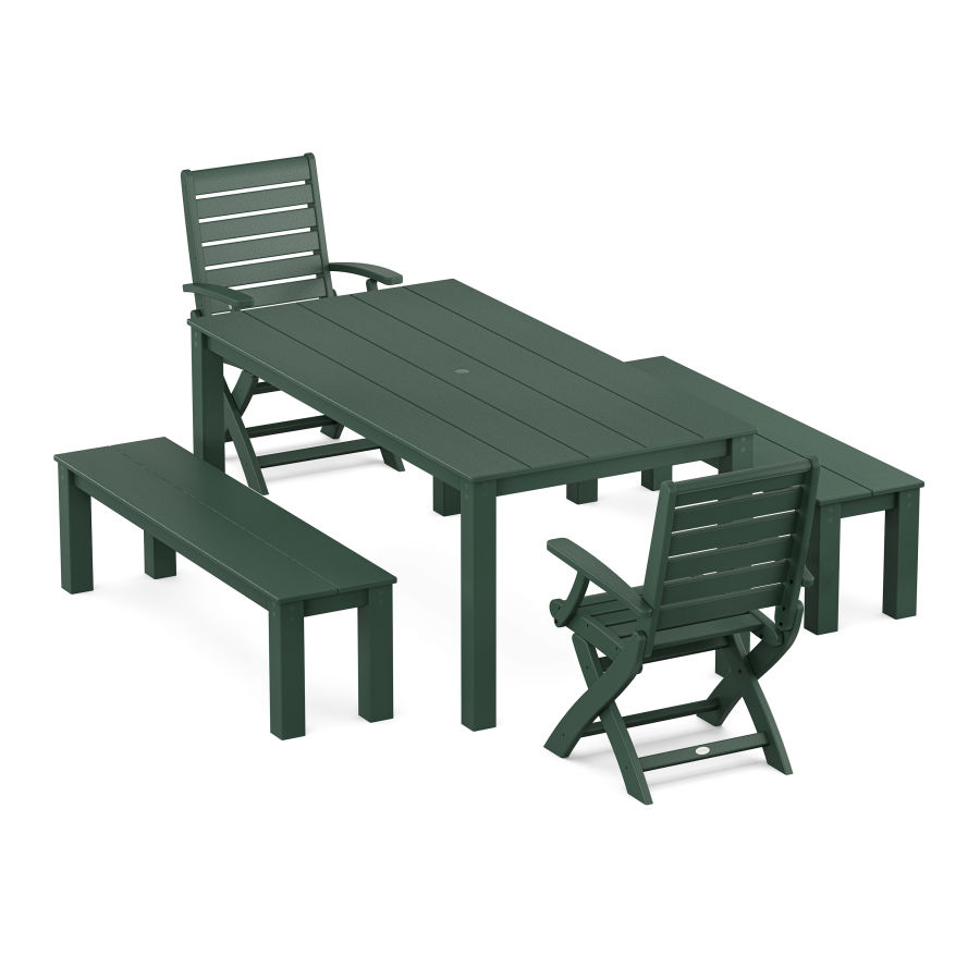 POLYWOOD Signature Folding Chair 5-Piece Parsons Dining Set with Benches in Green