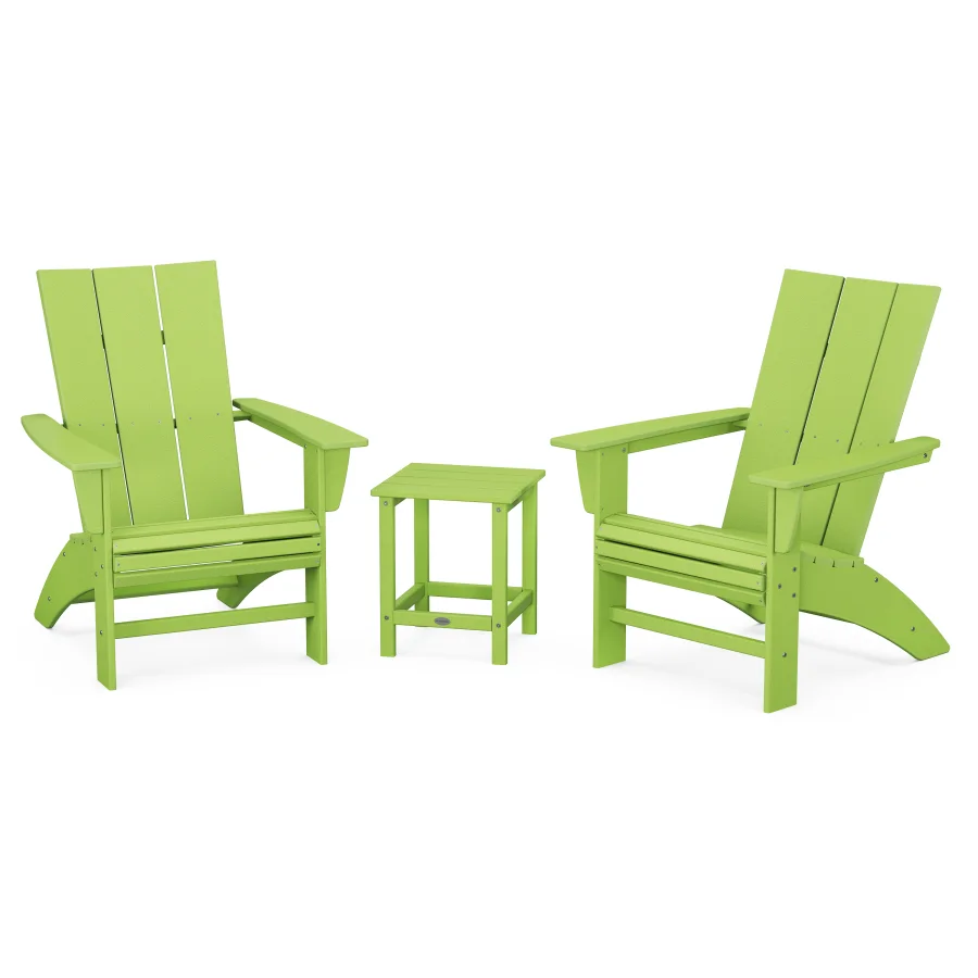 POLYWOOD Modern 3-Piece Curveback Adirondack Set with Long Island 18" Side Table in Lime