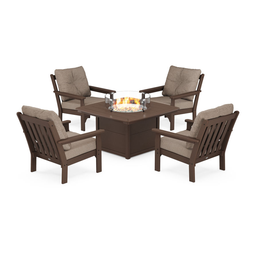 POLYWOOD Vineyard 5-Piece Conversation Set with Fire Pit Table in Mahogany / Spiced Burlap