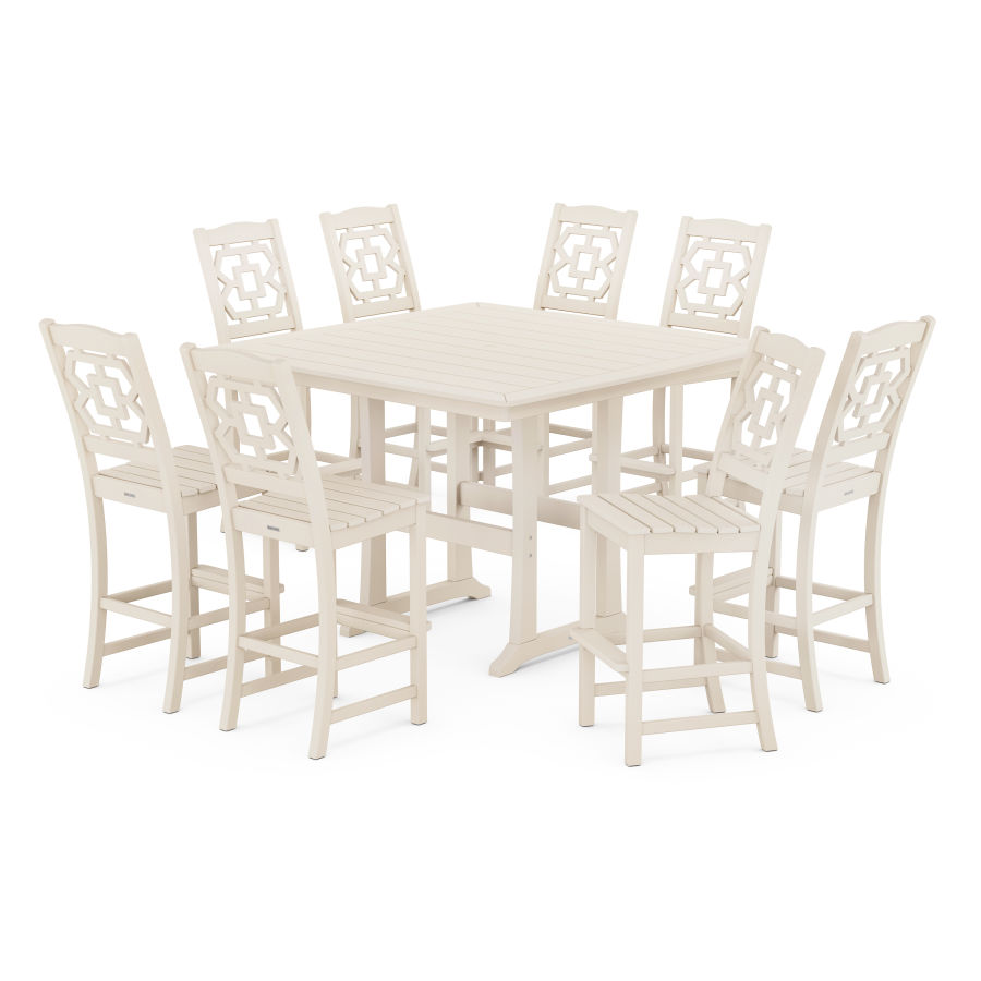POLYWOOD Chinoiserie 9-Piece Square Side Chair Bar Set with Trestle Legs in Sand
