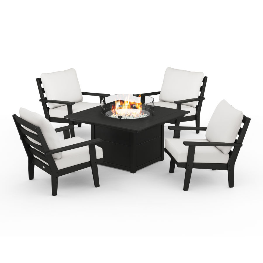 POLYWOOD Grant Park 5-Piece Deep Seating Conversation Set with Fire Pit Table in Black / Natural Linen
