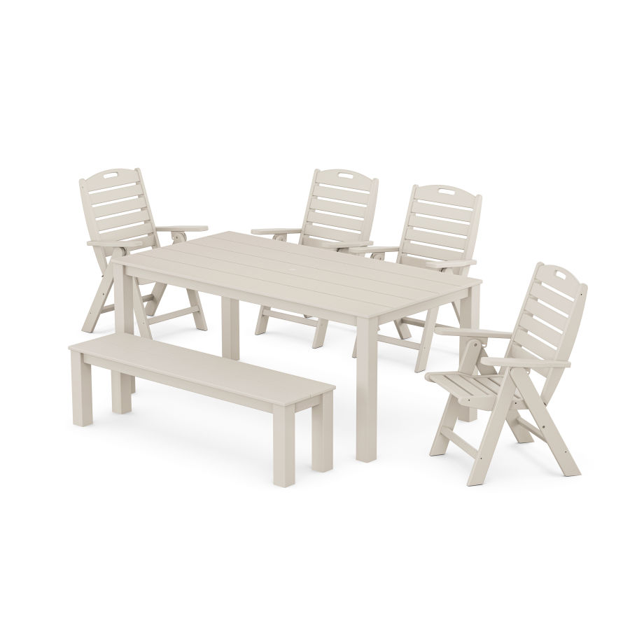 POLYWOOD Nautical Folding Highback Chair 6-Piece Parsons Dining Set with Bench in Sand