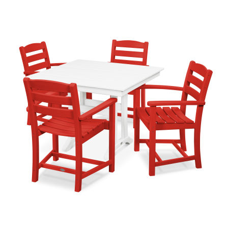La Casa Café 5-Piece Farmhouse Trestle Arm Chair Dining Set in Sunset Red / White