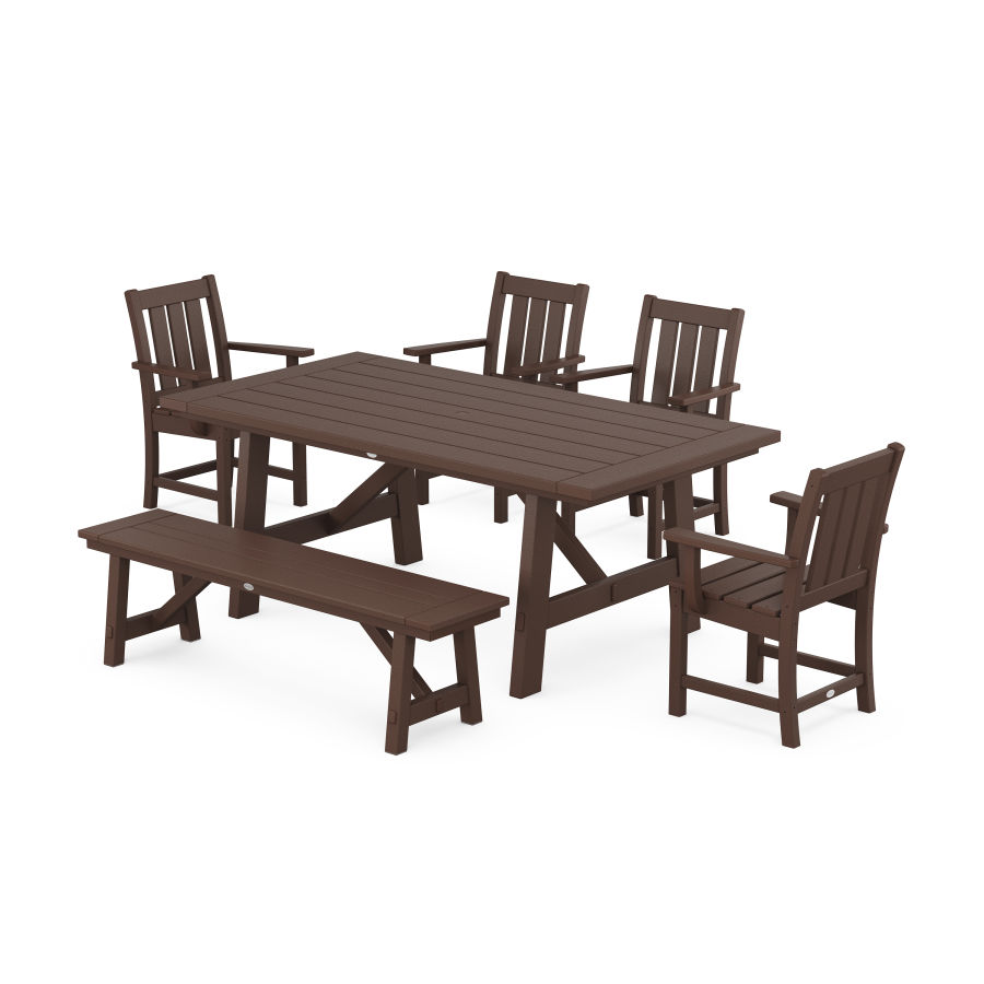 POLYWOOD Oxford 6-Piece Rustic Farmhouse Dining Set with Bench in Mahogany
