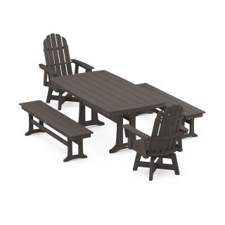 Vineyard Adirondack Swivel Chair 5-Piece Dining Set with Trestle Legs and Benches in Vintage Finish