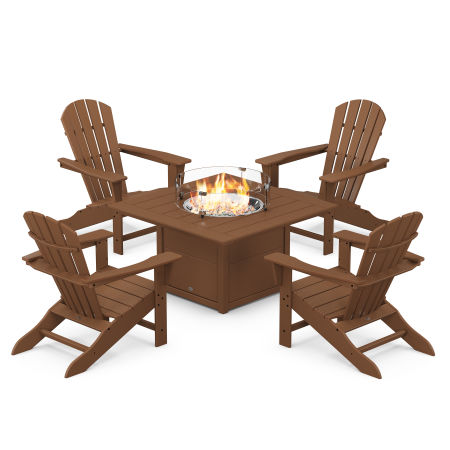 Palm Coast 5-Piece Adirondack Chair Conversation Set with Fire Pit Table in Teak