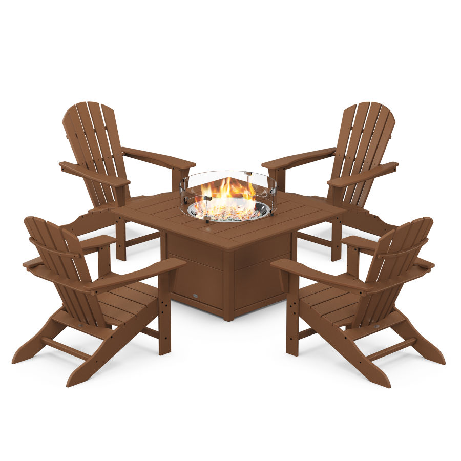 POLYWOOD Palm Coast 5-Piece Adirondack Chair Conversation Set with Fire Pit Table in Teak