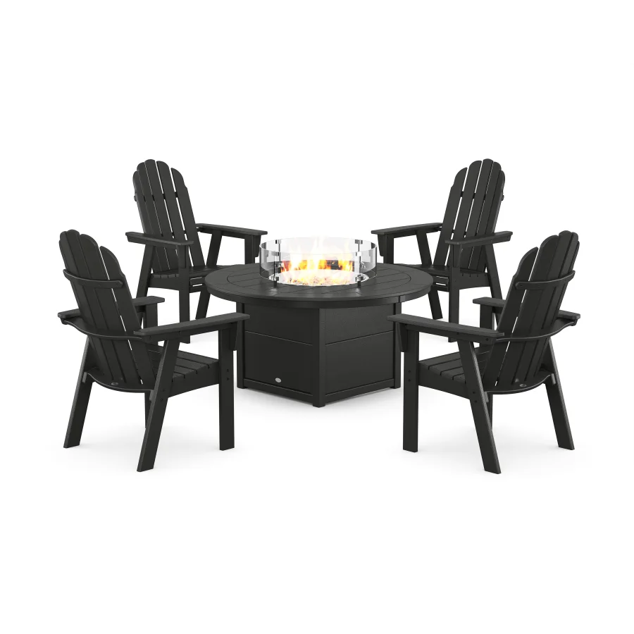 POLYWOOD Vineyard 4-Piece Curveback Upright Adirondack Conversation Set with Fire Pit Table in Black