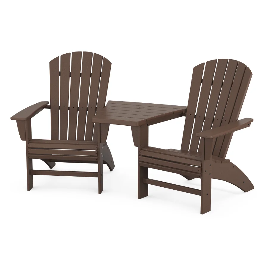 POLYWOOD Nautical 3-Piece Curveback Adirondack Set with Angled Connecting Table in Mahogany