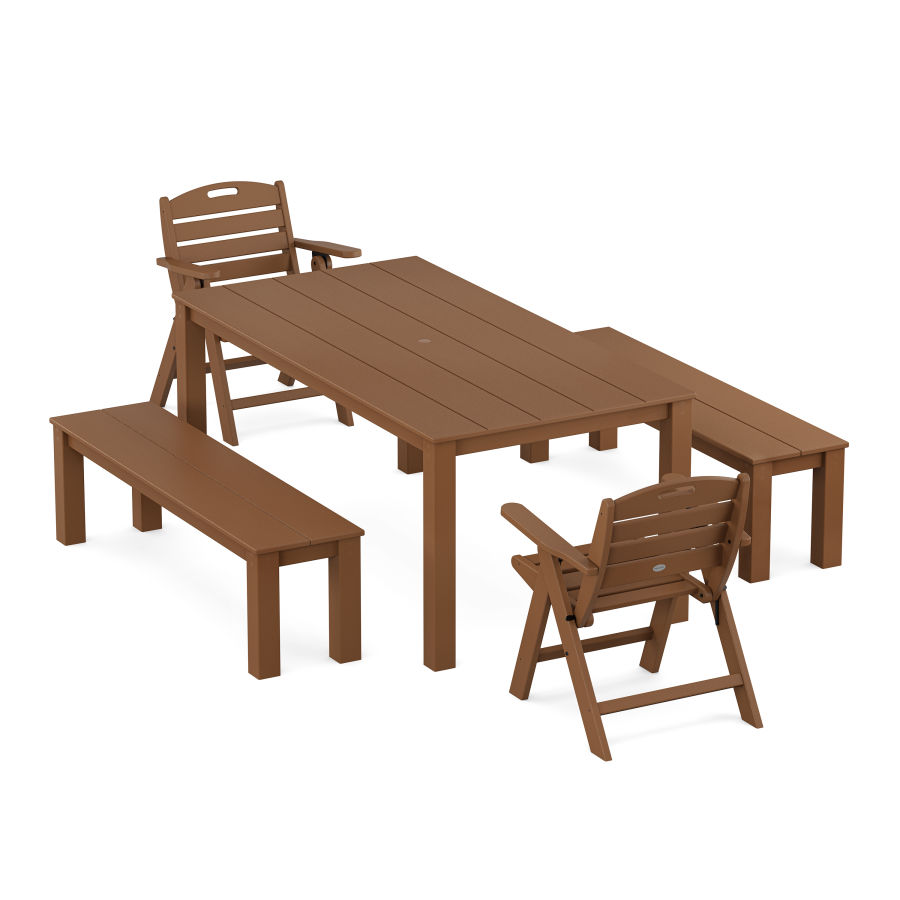 POLYWOOD Nautical Folding Lowback Chair 5-Piece Parsons Dining Set with Benches in Teak