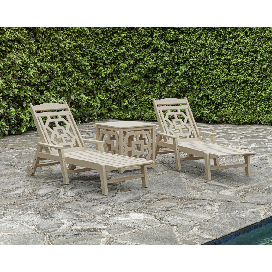 Chinoiserie 3-Piece Chaise Set with Umbrella Stand Accent Table
