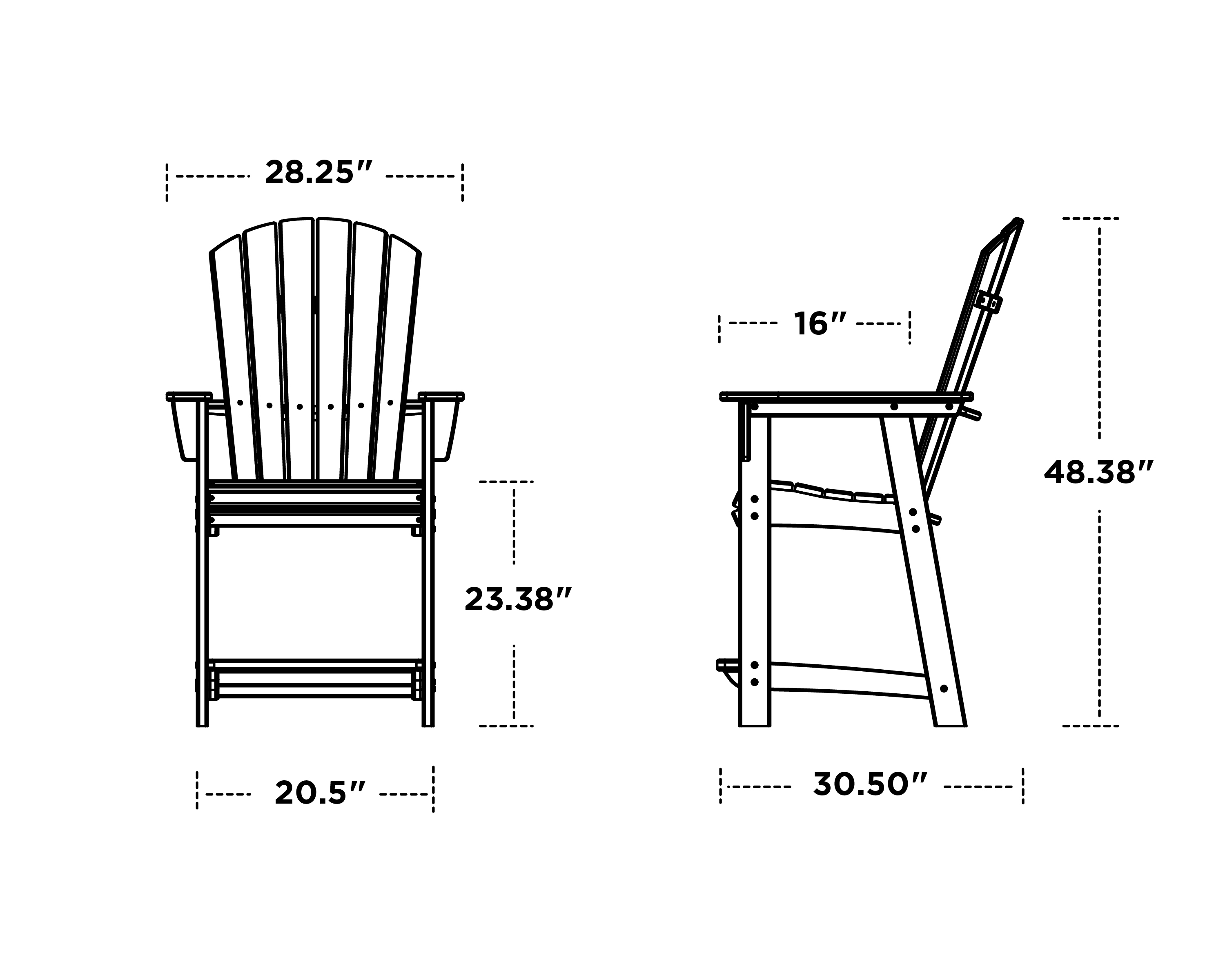 Dimensions for Nautical Curveback Adirondack Counter Chair