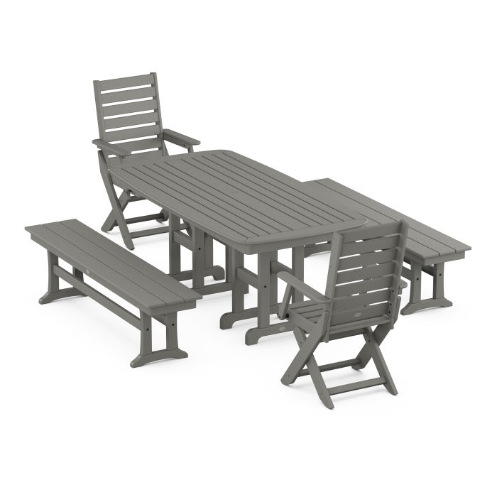 POLYWOOD Captain Folding Chair 5-Piece Dining Set with Benches