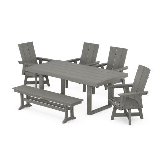 POLYWOOD Modern Curveback Adirondack Swivel Chair 6-Piece Dining Set with Bench