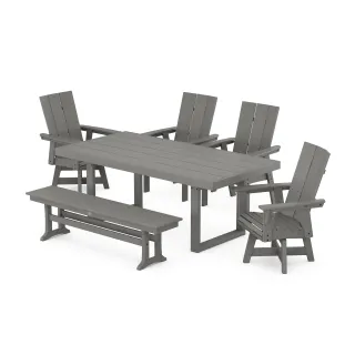 POLYWOOD Modern Curveback Adirondack Swivel Chair 6-Piece Dining Set with Bench